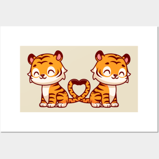 Cute Tiger Couple With Love Heart Tail Cartoon Posters and Art